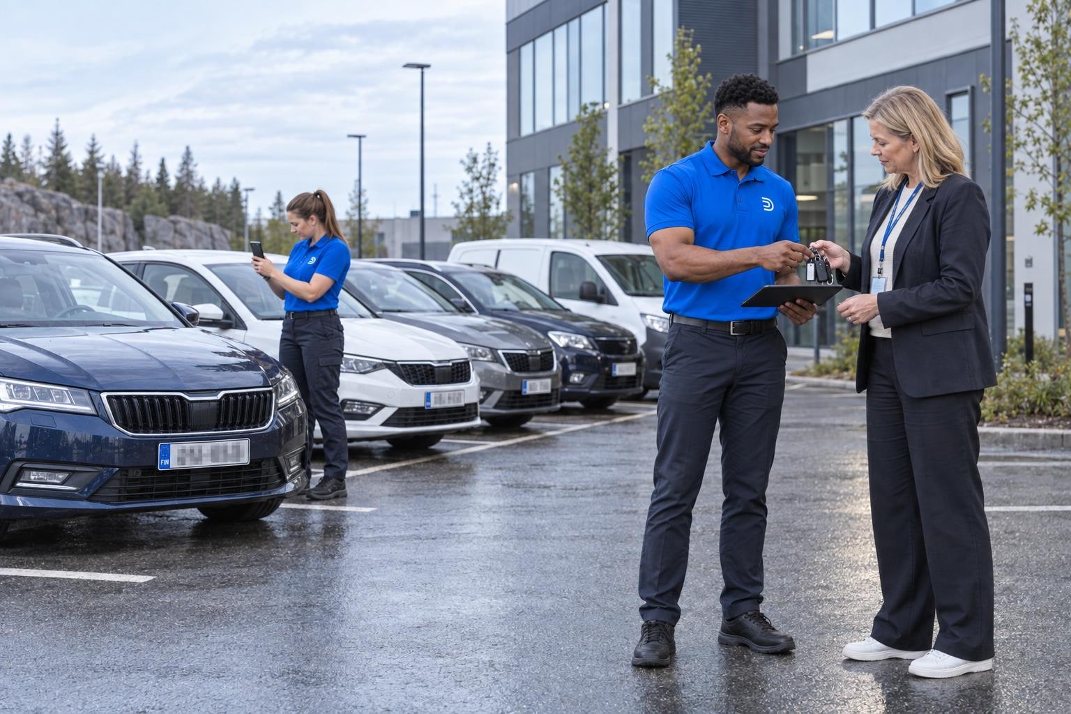 DriveMen kuljettaja ja yritysasiakas luovuttamassa autoa